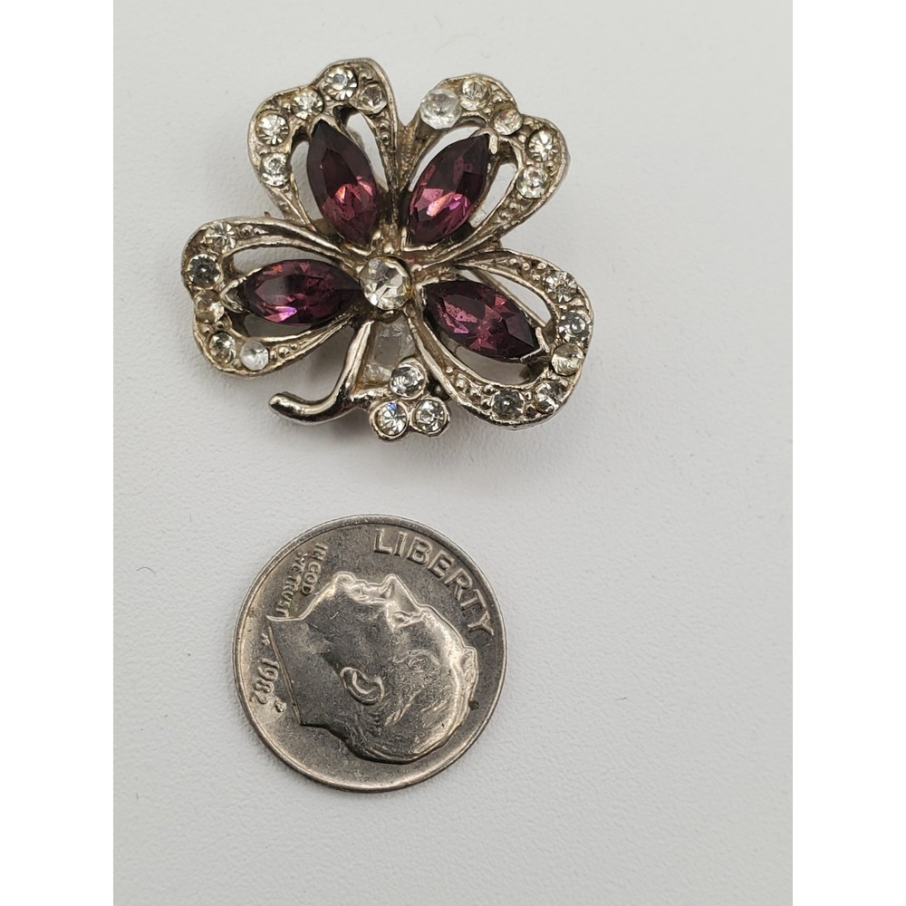 Vtg Silver Tone Purple Rhinestones 4 Leaf Clover Brooch - Picture 3 of 5